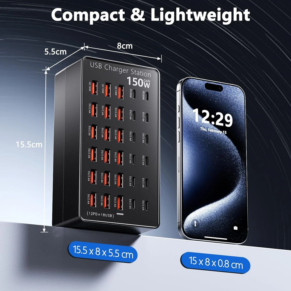 TTS USB įkrovimo stotelė 150 W, 30 prievadų, USB-C ir USB-A