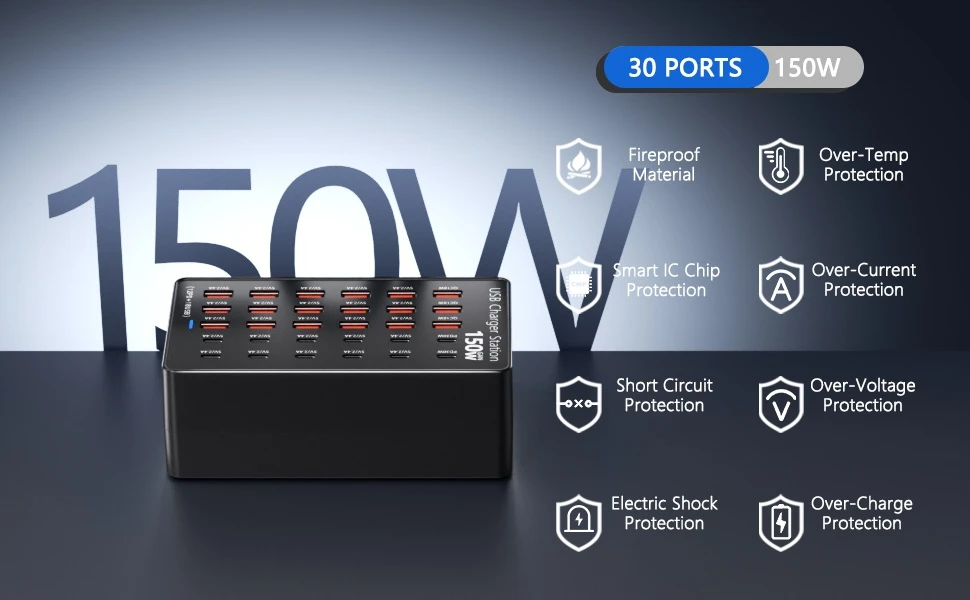TTS USB įkrovimo stotelė 150 W, 30 prievadų, USB-C ir USB-A