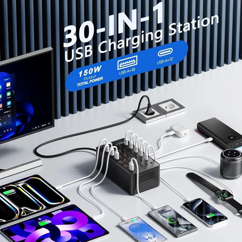 TTS USB įkrovimo stotelė 150 W, 30 prievadų, USB-C ir USB-A