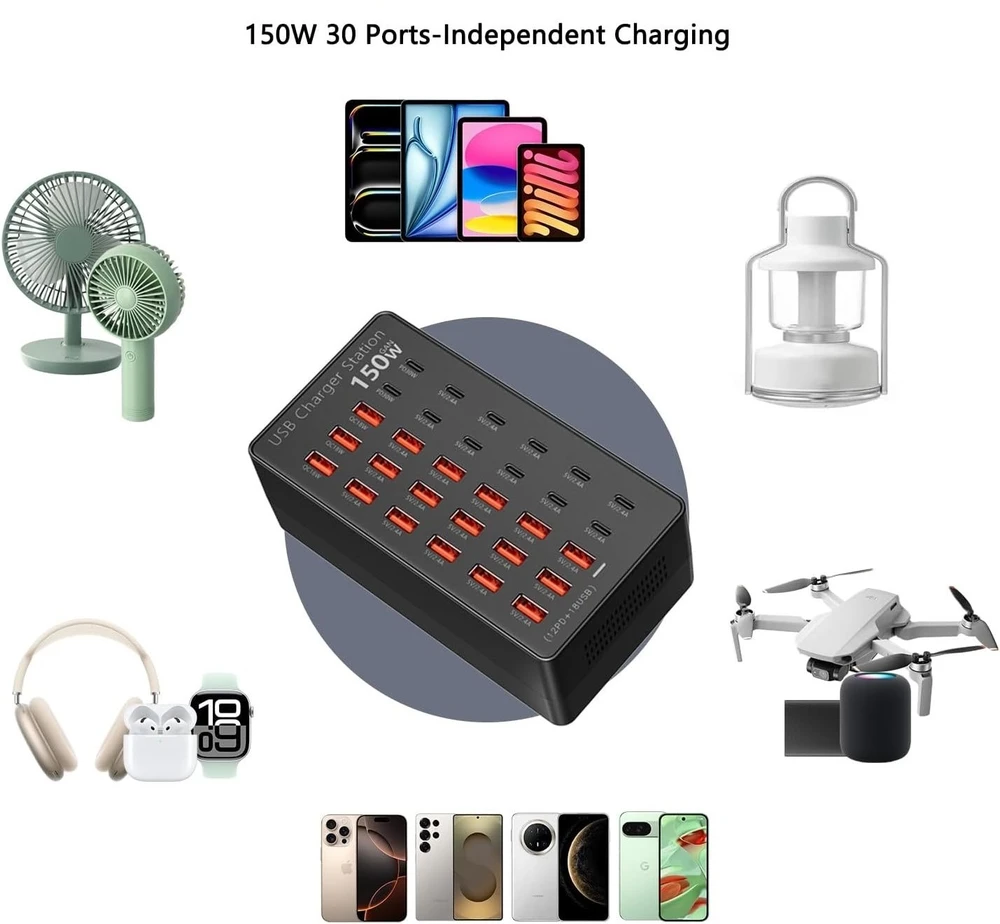TTS USB įkrovimo stotelė 150 W, 30 prievadų, USB-C ir USB-A