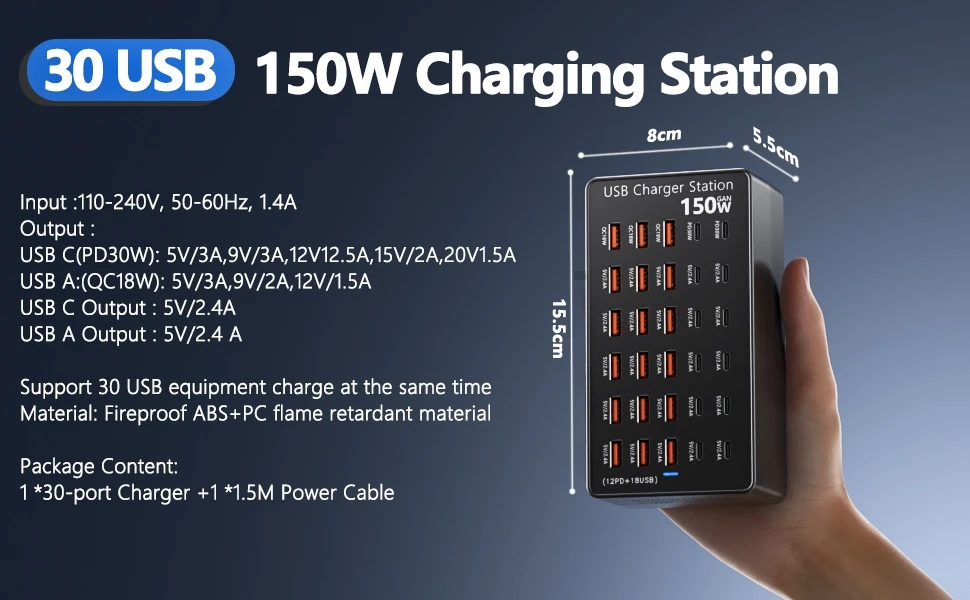 TTS USB įkrovimo stotelė 150 W, 30 prievadų, USB-C ir USB-A