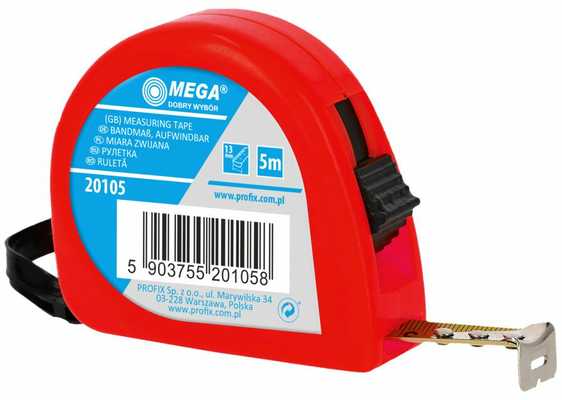 Mega Miara Susukta matavimo juosta 5 m / 13 mm balta arba geltona plieninė juosta, averzo spalva