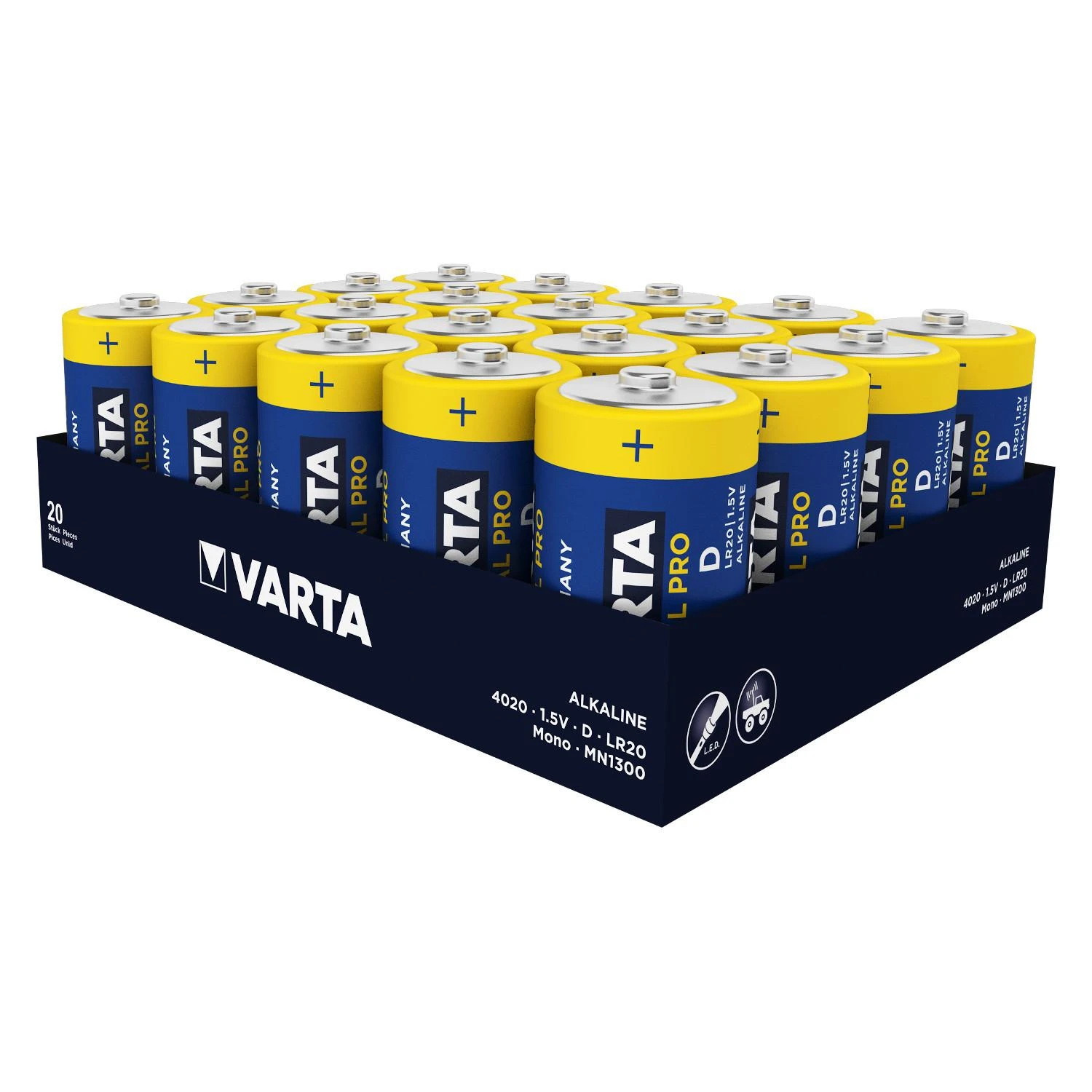 20x Varta Pramoninės šarminės R-20 LR20 D baterijos