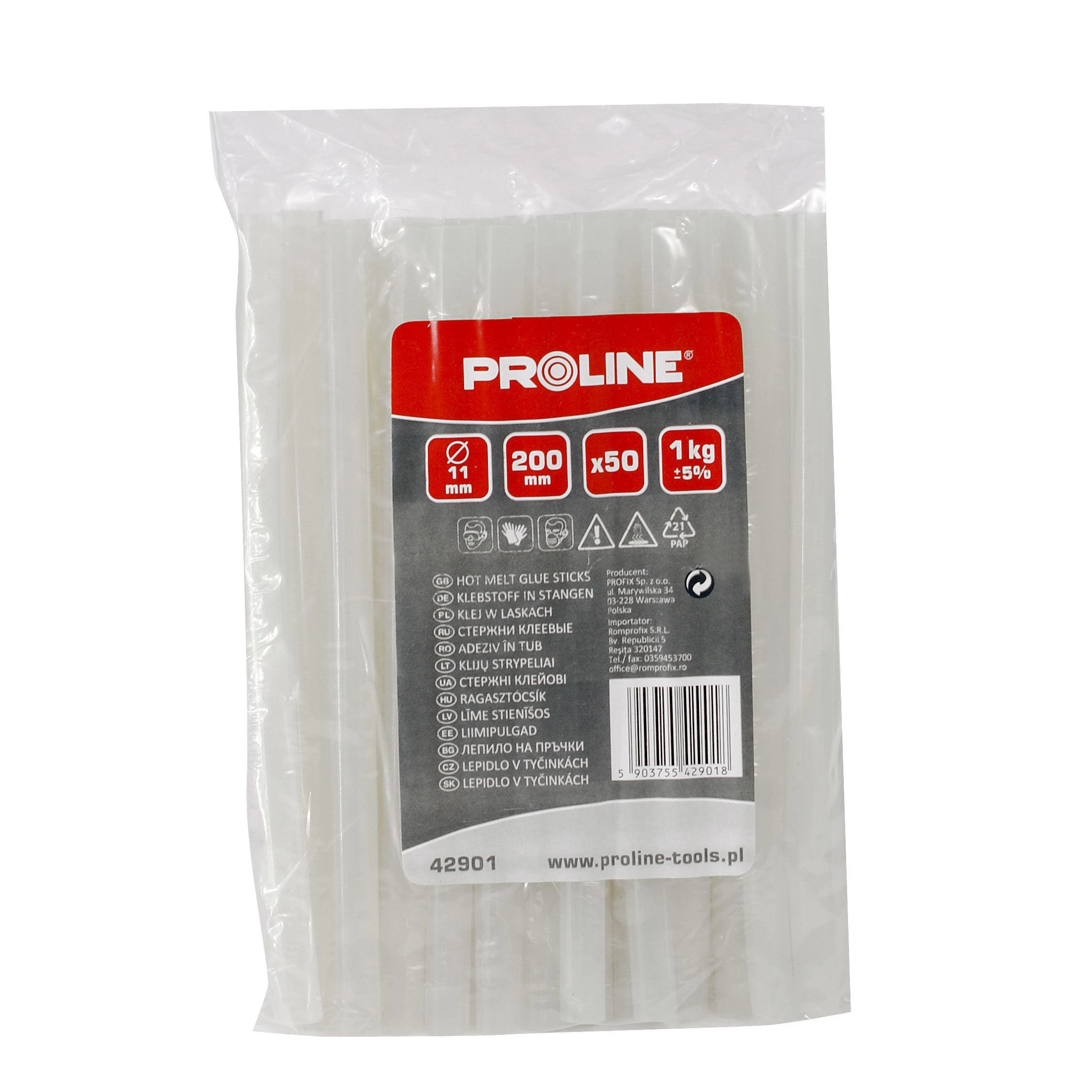 Proline Klej Klijų lazdelės, universalios, 11 mm, skaidrios, 1kg (50 x 200 mm), folija, prolinas
