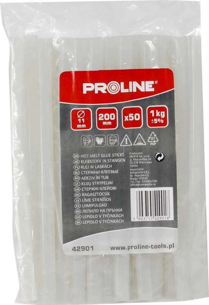 Proline Klej Klijų lazdelės, universalios, 11 mm, skaidrios, 1kg (50 x 200 mm), folija, prolinas