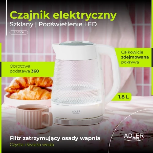 Adler AD 1306 Elektrinis virdulys stiklinis | talpa 1,8 l | pašvietimas led