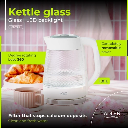 Adler AD 1306 Elektrinis virdulys stiklinis | talpa 1,8 l | pašvietimas led