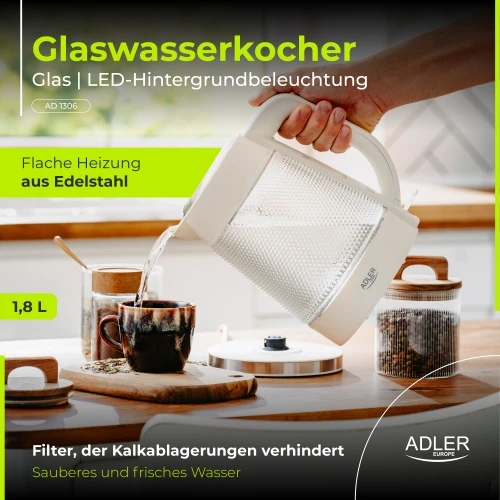 Adler AD 1306 Elektrinis virdulys stiklinis | talpa 1,8 l | pašvietimas led