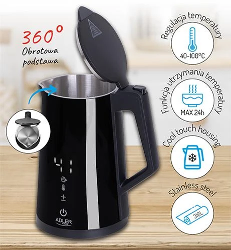 Adler | Virdulys | AD 1345b | Electric | 2200 W | 1.7 L | Nerūdijantis plienas | 360° rotational base | Juodas