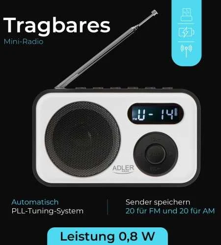 Adler | PLL AM/FM Digital Radio | AD 1906 | Alarm function | Baltas/Juodas