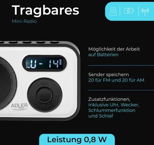 Adler | PLL AM/FM Digital Radio | AD 1906 | Alarm function | Baltas/Juodas