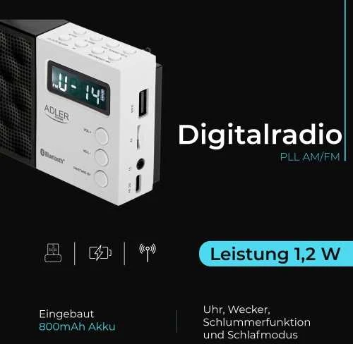Adler | Digital Radio - PLL AM/FM | AD 1908 | Alarm function | Baltas/Juodas