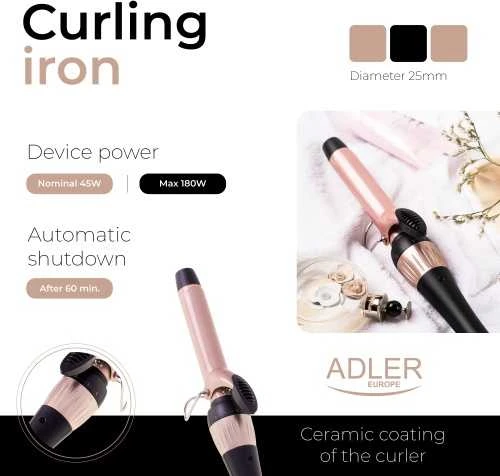 Adler | Curling Iron | AD 2117 | Ceramic heating system | Barrel diameter 25 mm | Temperature (max) 200 °C | 45 W | Juodas/Rožinė