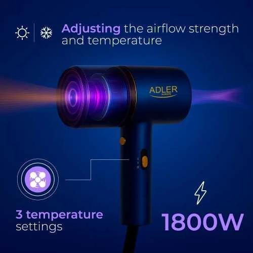 Adler Plaukų džiovintuvas | AD 2280 | 1800 W | Number of temperature settings 3 | Mėlyna/Gold