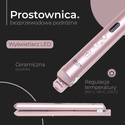 Adler Cordless Plaukų tiesintuvas | AD 2327 | Ceramic heating system | Ekranas LED | Temperature (min) 160 °C | Temperature (max) 220 °C | Rožinė