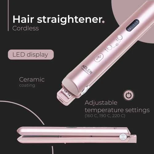 Adler Cordless Plaukų tiesintuvas | AD 2327 | Ceramic heating system | Ekranas LED | Temperature (min) 160 °C | Temperature (max) 220 °C | Rožinė