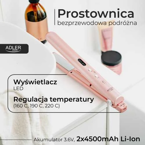 Adler Cordless Plaukų tiesintuvas | AD 2327 | Ceramic heating system | Ekranas LED | Temperature (min) 160 °C | Temperature (max) 220 °C | Rožinė