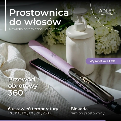 Adler AD 2329 Keratino plaukų tiesintuvas | Keraminė keratino danga | LCD ekranas | 6 temperatūros lygiai | Dėklas + termo pirštinė
