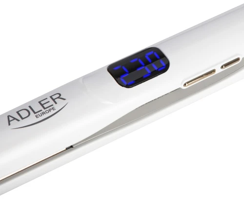 Adler AD 2330 baltas Plaukų tiesinimo žnyplės keramikinė, 5 temperatur 150?230°c, ruchome płytki 25 x 110 mm, wyświetlacz led,
