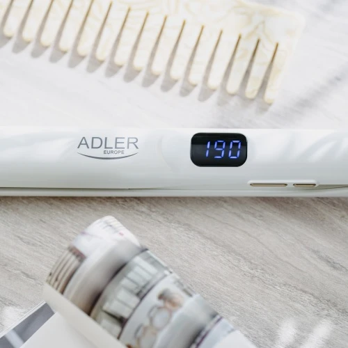 Adler AD 2330 baltas Plaukų tiesinimo žnyplės keramikinė, 5 temperatur 150?230°c, ruchome płytki 25 x 110 mm, wyświetlacz led,