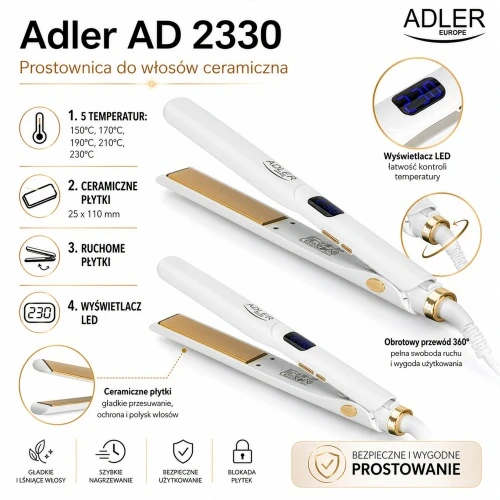 Adler AD 2330 baltas Plaukų tiesinimo žnyplės keramikinė, 5 temperatur 150?230°c, ruchome płytki 25 x 110 mm, wyświetlacz led,