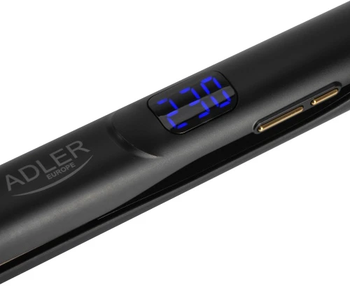 Adler AD 2330 juodos plaukų tiesinimo žnyplės, keramikinės, 5 temperatūros 150–230 °C, judančios plokštelės 25 x 110 mm, LED ekranas, automatinis išsijungimas, sukamas laidas