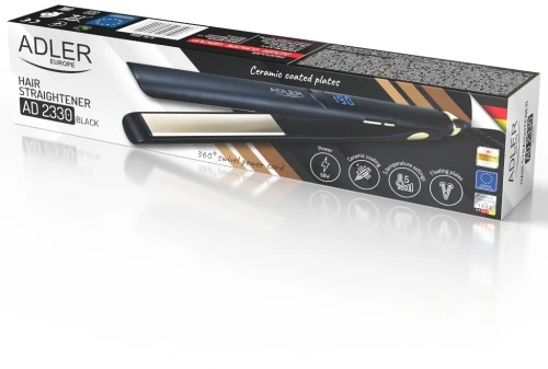 Adler AD 2330 juodos plaukų tiesinimo žnyplės, keramikinės, 5 temperatūros 150–230 °C, judančios plokštelės 25 x 110 mm, LED ekranas, automatinis išsijungimas, sukamas laidas