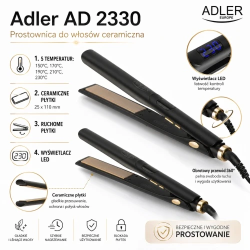 Adler AD 2330 juodos plaukų tiesinimo žnyplės, keramikinės, 5 temperatūros 150–230 °C, judančios plokštelės 25 x 110 mm, LED ekranas, automatinis išsijungimas, sukamas laidas