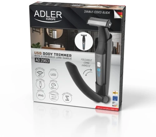 Adler AD 2963 Kūno plaukų kirpimo mašinėlė su ilga sulankstoma rankena, USB, platus dvišalis peilis 68 mm, 2 greičiai, neperšlapiamas, LED