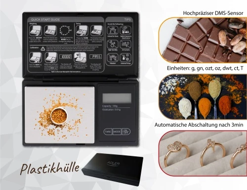 Virtuvinės svarstyklės Adler | Tikslioji skalė | AD 3176 | Maksimalus svoris (talpa) 0,1kg | Juodas