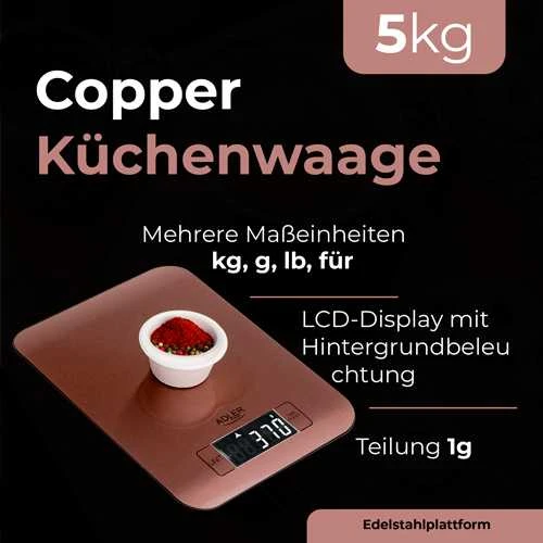 Virtuvinės svarstyklės Adler virtuvės svarstyklės | AD 3183c | Graduacija 1 g | Varis