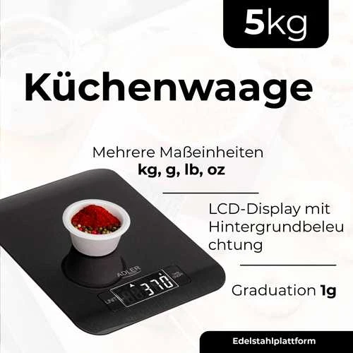 Virtuvinės svarstyklės Adler virtuvės svarstyklės | AD 3183b | Graduacija 1 g | Juodas