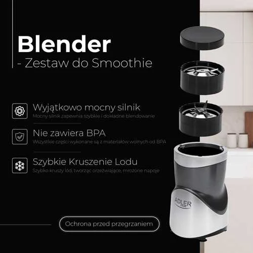 Plakiklis Adler Maišytuvo kokteilių rinkinys | AD 4084 | Stalviršis | 1200 W | Stiklainių medžiaga Be BPA | Stiklainio talpa 0,3+0,5+0,5+0,7 L | Ledo smulkinimas