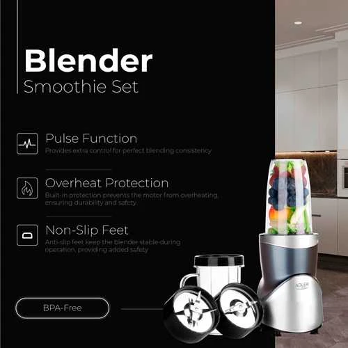 Plakiklis Adler Maišytuvo kokteilių rinkinys | AD 4084 | Stalviršis | 1200 W | Stiklainių medžiaga Be BPA | Stiklainio talpa 0,3+0,5+0,5+0,7 L | Ledo smulkinimas