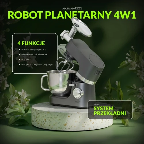 Adler | Planetary virtuvinis kombainas | AD 4221 | 1200 W | Greičių skaičius 6 | Bowl capacity 7 L | mėsmalė | Steel