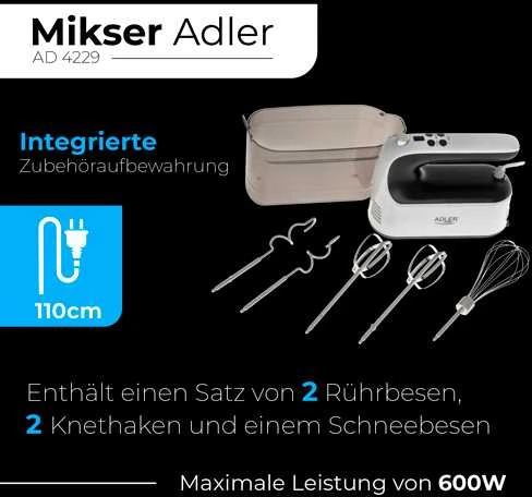 Plakiklis Adler Hand Mixer | AD 4229 | Hand Mixer | 600 W | Greičių skaičius 9 | Turbo mode | Juodas/Baltas