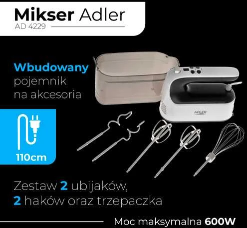 Plakiklis Adler Hand Mixer | AD 4229 | Hand Mixer | 600 W | Greičių skaičius 9 | Turbo mode | Juodas/Baltas