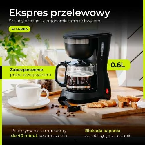 Filtruotas kavos aparatas, 600W, stiklinis ąsotis, pašildymas, nailono filtras, Adler AD 4381