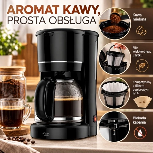 Kavos aparatas Adler AD 4383b Lašėjimo for ground kavos 1.5 L Juodas