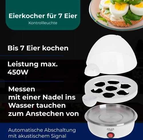 Adler Egg Boiler AD 4459 450 W, Baltas, Kiaušinių talpa 7