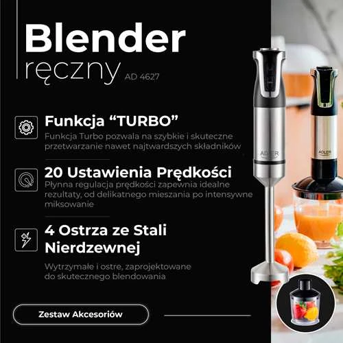 Adler | AD 4627 | Hand Maišytuvas Set | 1800 W | Greičių skaičius 20 | Turbo mode | Chopper | Stainless Steel/Juodas