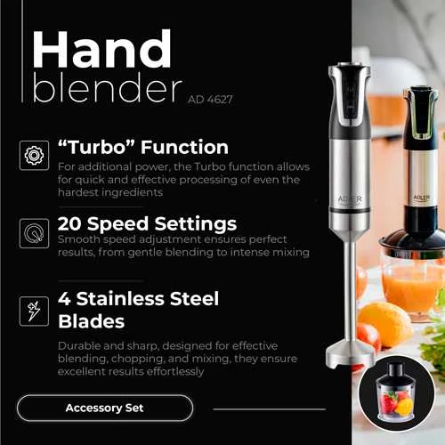 Adler | AD 4627 | Hand Maišytuvas Set | 1800 W | Greičių skaičius 20 | Turbo mode | Chopper | Stainless Steel/Juodas