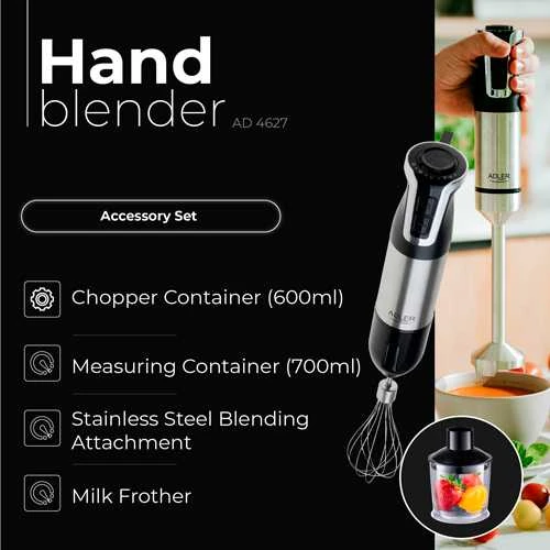 Adler | AD 4627 | Hand Maišytuvas Set | 1800 W | Greičių skaičius 20 | Turbo mode | Chopper | Stainless Steel/Juodas