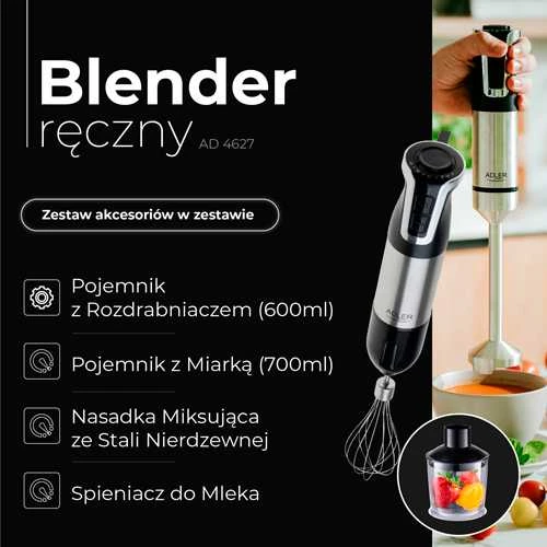 Adler | AD 4627 | Hand Maišytuvas Set | 1800 W | Greičių skaičius 20 | Turbo mode | Chopper | Stainless Steel/Juodas