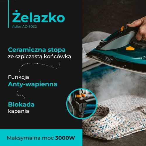 Adler | Lygintuvas | AD 5032 | Garų lygintuvas | 3000 W | Vanduo tank capacity 350 ml | Continuous steam 45 g/min | Steam boost performance 80 g/min | Mėlyna/Pilkas