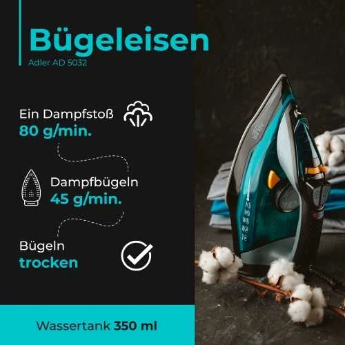 Adler | Lygintuvas | AD 5032 | Garų lygintuvas | 3000 W | Vanduo tank capacity 350 ml | Continuous steam 45 g/min | Steam boost performance 80 g/min | Mėlyna/Pilkas