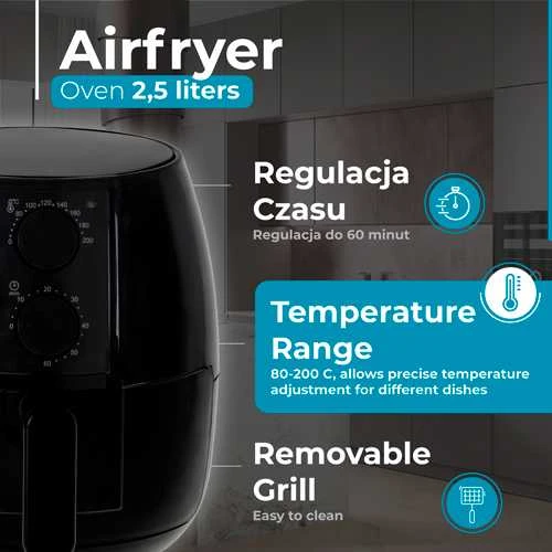 Gruzdintuvė Adler Airfryer orkaitė | AD 6312 | Galia 1600 W | Talpa 2,5 L | Konvekcija | Juodas