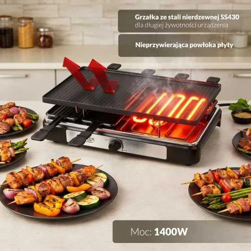 Adler | Raclette - electric grill | AD 6616 | Table | 1400 W | Juodas/Nerūdijantis plienas