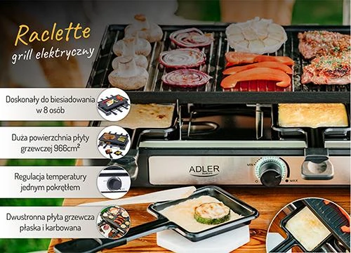 Adler | Raclette - electric grill | AD 6616 | Table | 1400 W | Juodas/Nerūdijantis plienas