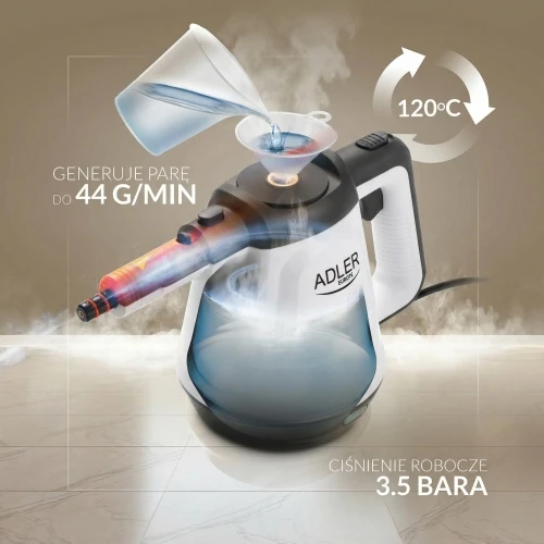 Adler | Garų valytuvas | AD 7038 | Galia 1200 W | Garų slėgis 3,5 baro | Vanduo bako talpa 0,45 L | Baltas/Juodas